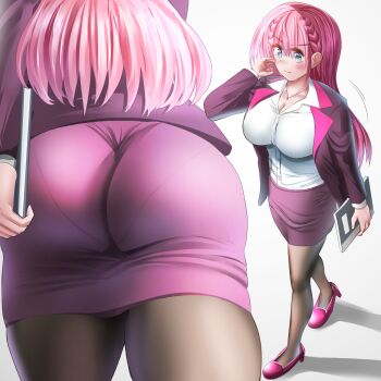 1girl aqua_eyes ass ass_focus blue_eyes blush bokutachi_wa_benkyou_ga_dekinai book braid breasts butt_crack cleavage collarbone dress_shirt gu~derenko high_heels highres holding holding_book huge_ass jacket jewelry kirisu_mafuyu large_breasts legs long_hair multiple_views necklace open_clothes open_jacket pantyhose pantylines pencil_skirt shirt simple_background skirt solo