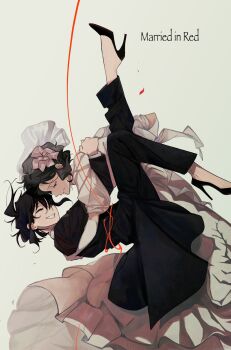 2girls black_coat black_hair black_pants black_shoes black_vs_white bridal_veil bride choi_dajeong closed_eyes coat commentary copyright_name dip_(dance_move) dress elbow_gloves female_focus gloves go_boksu green_background grin high_heels highres itsuku_ento leg_up long_hair married_in_red multiple_girls pants shoes smile string veil wedding_dress white_dress white_gloves wife_and_wife yuri