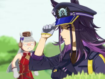 2girls animal_ears brown_hat ears_through_headwear fenomeno_(black_flames_of_the_righteous_spirit)_(umamusume) fenomeno_(umamusume) gloves gold_ship_(red_strife)_(umamusume) gold_ship_(umamusume) hat highres horse_ears horse_girl horse_tail horseshoe_hat_ornament horseshoe_ornament l_xxx_xxx_l multiple_girls peaked_cap pillbox_hat striped_hat tail umamusume white_gloves