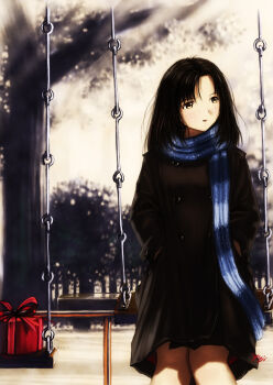 1girl black_hair blue_scarf box brown_eyes dot_nose female_focus gift gift_box hacker highres kobayashi_yuji long_sleeves looking_to_the_side medium_hair open_mouth original parted_bangs playground pleated_skirt scarf sitting skirt sky solo straight_hair striped_clothes striped_scarf swing tagme tree