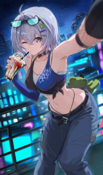 1girl armpits breasts building cat-shaped_eyewear commentary_request crop_top cup denim disposable_cup drinking_glass eyewear_on_head female_esper_zero_(nte) food grey_eyes grey_hair hair_ornament hairclip highres holding holding_cup ice_cream jeans looking_at_viewer medium_breasts midriff navel neverness_to_everness night pants panty_straps sakazuki_sudama short_hair skyscraper solo sundae
