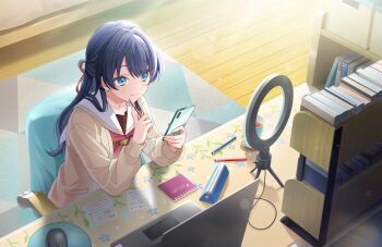 1girl blue_eyes blue_hair bookshelf brown_cardigan cable cardigan carpet chair closed_mouth coaster computer computer_mouse cup desk dress game_cg half_updo hasu_no_sora_school_uniform highres holding holding_phone indoors laptop link!_like!_love_live! long_sleeves looking_at_phone love_live! macbook mole mole_on_neck mousepad_(object) murano_sayaka neckerchief non-web_source official_art on_chair open_cardigan open_clothes pen pencil_case phone red_neckerchief ring_light sailor_collar sailor_dress school_uniform sitting smile solo split_mouth virtual_youtuber white_sailor_collar wooden_floor