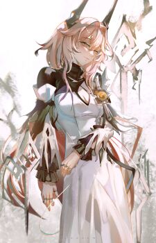 1girl absurdres arknights black_horns breasts cleavage_cutout closed_mouth clothing_cutout commentary dizzen dress english_commentary highres horns jewelry long_sleeves looking_to_the_side medium_breasts medium_hair multiple_rings pink_eyes pink_hair ring solo standing theresa_(arknights) white_background white_dress