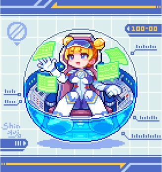1girl aqua_background blonde_hair blue_bodysuit blue_border blunt_bangs bodysuit border breasts cockpit cockpit_sitting commentary_request double_bun gashapon glass_cockpit goggles goggles_on_head grid_background hair_bun large_breasts multicolored_bodysuit open_mouth original pixel_art science_fiction shinku_castle sitting smile solo vehicle_interior white_bodysuit