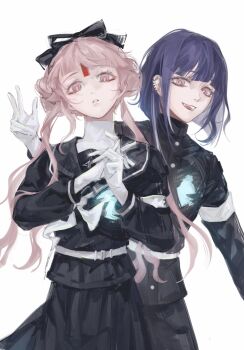 1boy 1girl absurdres armband belt black_bow black_jacket black_pants black_serafuku black_shirt black_skirt bow brother_and_sister buttons colored_inner_hair double_bun earclip facial_mark forehead_mark gakuran gloves hair_bow hair_bun hand_up high_collar highres hole_in_chest hole_on_body jacket last_defense_academy_school_uniform long_hair long_sleeves multicolored_hair neckerchief open_mouth own_hands_together pants pink_eyes pink_hair pleated_skirt purple_hair sailor_collar sailor_shirt school_uniform serafuku shirt short_hair siblings simple_background single_sidelock skirt smile the_hundred_line_-last_defense_academy- tsukumo_ima tsukumo_kako turtleneck twins twintails two-tone_hair white_armband white_background white_belt white_gloves white_hair white_neckerchief yangmao_feifei