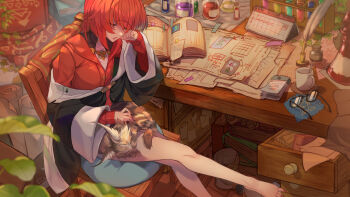1girl ange_katrina ange_katrina_(1st_costume) animal animal_on_lap bare_legs barefoot black_coat blurry book book_stack boots brown_cat calendar_(object) cardigan cat cat_on_lap chair closed_eyes coaster coat commentary_request cup cushion depth_of_field desk drawer elbow_on_table flat_chest foot_out_of_frame glass_bottle glasses hand_on_animal hand_up head_on_hand head_rest highres indoors ivy long_sleeves medium_hair messy_room mug nijisanji note notepad off_shoulder on_chair on_lap open_book open_drawer open_mouth outstretched_leg paper petting quill red_cardigan red_hair scroll sitting sleeping sleeping_animal solo test_tube test_tube_rack unworn_boots unworn_eyewear utiwa_(utiwa_009) virtual_youtuber wooden_chair wooden_desk