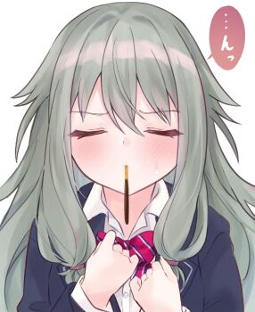 1girl absurdres blazer blue_jacket blush bow bowtie closed_eyes collared_shirt colored_speech_bubble commentary_request diagonal-striped_bow diagonal-striped_bowtie diagonal-striped_clothes dress_shirt facing_viewer food food_in_mouth genmai_komeko green_hair hair_between_eyes hands_up highres incoming_pocky_kiss jacket kamiyama_high_school_uniform_(project_sekai) kusanagi_nene lapels long_hair long_sidelocks long_sleeves low-tied_sidelocks mouth_hold notched_lapels pink_bow pink_bowtie pocky pocky_in_mouth pov project_sekai school_uniform shirt sidelocks simple_background solo speech_bubble striped_bow striped_bowtie striped_clothes sweatdrop upper_body white_background white_shirt