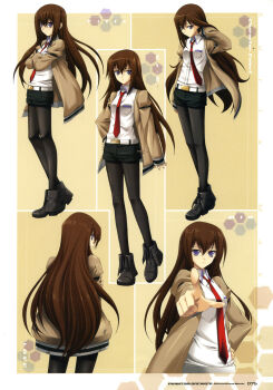 1girl absurdres arm_belt belt black_pantyhose black_shorts breast_pocket breasts brown_hair brown_jacket collared_shirt crossed_arms from_behind hair_between_eyes hair_over_shoulder hand_on_own_hip highres jacket jacket_partially_removed leather_belt long_hair makise_kurisu multiple_views necktie non-web_source official_art pantyhose phantom_breaker pocket pointing pointing_at_viewer purple_eyes purple_trim red_necktie science_adventure shirt shorts small_breasts solo steins;gate suzuhira_hiro white_belt white_shirt