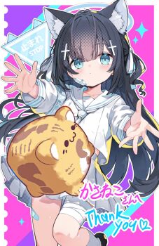 1girl animal_ears antenna_hair armband bandaged_leg bandages bandaid bandaid_on_leg bandaid_on_thigh black_hair blue_armband blue_eyes blue_halo blush cat_ears cat_girl closed_mouth colorful_background commission cross_hair_ornament dot_mouth drill_hair extra_ears gauze gauze_on_cheek hair_ornament hair_ribbon halo high-waist_skirt kasaneko_(kasaneko3) long_hair looking_at_viewer neckerchief omochishiki original outside_border outstretched_arms pleated_skirt reaching reaching_towards_viewer ribbon ringlets road_sign sailor_collar school_uniform serafuku sign skeb_commission skirt solo stop_sign stuffed_animal stuffed_toy thank_you translation_request twin_drills two_side_up white_background white_neckerchief white_ribbon white_sailor_collar white_serafuku white_skirt