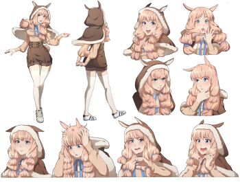 1girl :o alpaca_ears alpaca_tail animal_ear_legwear animal_ears arms_behind_back benteja blunt_tresses breasts capelet commentary commission english_commentary eyebrows_hidden_by_hair frown fur-trimmed_capelet fur-trimmed_hood fur_trim hands_on_own_head high-waist_shorts highres hood hood_down hood_up hooded_capelet indie_virtual_youtuber long_sleeves medium_breasts meme nini_neen not_like_this_(meme) open_mouth pout puffy_long_sleeves puffy_sleeves shirt shoes short_shorts shorts smile sneakers striped_clothes striped_shirt tail thighhighs thinking virtual_youtuber white_shoes white_thighhighs