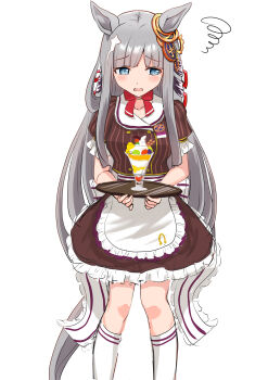 1girl absurdres animal_ears apron becherry blue_eyes blunt_bangs blush bow bowtie breasts brown_shirt brown_skirt chrono_genesis_(umamusume) coco's commentary_request food grey_hair hair_between_eyes hair_ornament highres holding holding_tray horse_ears horse_girl horse_tail kneehighs long_hair looking_at_viewer medium_breasts open_mouth parfait red_bow red_bowtie shirt simple_background skirt socks solo squiggle tail tray umamusume waist_apron waitress white_apron white_background white_socks