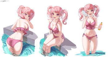 1girl absurdres alternate_costume ass bang_dream! bare_shoulders bikini bottle breasts cleavage commentary english_commentary frilled_bikini frills highres holding holding_bottle looking_at_viewer maruyama_aya medium_breasts medium_hair multiple_persona navel open_mouth pink_bikini pink_hair pool poolside sideboob signature simple_background sitting solo standing standing_on_liquid swimsuit teeth thighs twintails upper_body upper_teeth_only v white_background zuka_ryu