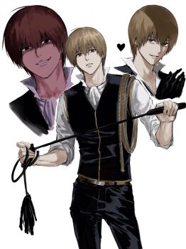 1boy belt black_gloves black_pants brown_belt brown_hair cowboy_shot gintama gloves heart highres holding looking_at_viewer male_focus multiple_views okita_sougo pants red_eyes short_hair simple_background sso_s teeth white_background