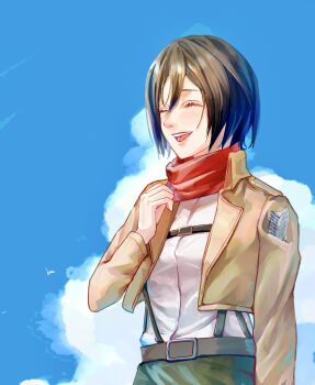 1girl ^_^ absurdres asaki_illust bird black_hair blue_sky blush brown_jacket closed_eyes commentary hair_between_eyes highres jacket mikasa_ackerman open_mouth outdoors paradis_military_uniform red_scarf scarf shingeki_no_kyojin short_hair sky smile solo upper_body
