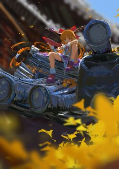 Rule 34 | 1girl, absurdres, architecture, autumn leaves, bow, chain, commentary request, east asian architecture, full body, hair bow, highres, holding, horns, ibuki suika, koukouya, leaf, long hair, loose socks, on roof, red bow, red hair, sitting, socks, solo, touhou, white socks, white wrist cuffs, wrist cuffs