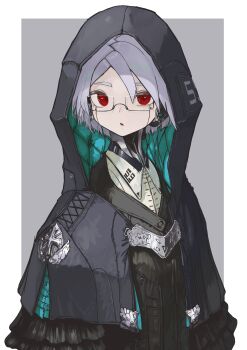 1girl absurdres black_capelet capelet cyborg glasses grey_hair highres hood hood_up hooded_capelet looking_at_viewer original padded_capelet red_eyes science_fiction semi-rimless_eyewear short_hair solo under-rim_eyewear very_short_hair yunimaru