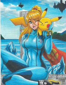 1girl 2018 absurdres artist_name blonde_hair blue_eyes bodysuit breasts covered_navel day floating_island gen_1_pokemon happy high_heels high_ponytail highres ice large_breasts metroid mole mole_under_mouth nintendo ocean one_eye_closed open_mouth outdoors pikachu pokemon pokemon_(creature) ponytail ravernclouk_design samus_aran sky super_smash_bros. super_smash_bros._logo traditional_media wristband