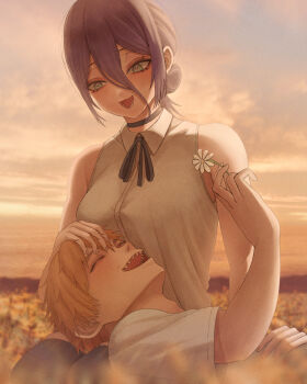 1boy 1girl ^_^ black_choker black_hair black_ribbon blonde_hair blurry blurry_foreground blush breasts chainsaw_man choker closed_eyes commentary_request denji_(chainsaw_man) depth_of_field double-parted_bangs field flower flower_field gerbera hair_between_eyes hand_on_another&#039;s_head hetero highres holding holding_flower lap_pillow long_hair_between_eyes lying lying_on_person medium_breasts neck_ribbon on_back outdoors reze_(chainsaw_man) ribbon sharp_teeth shekisheki15 shirt sleeveless sleeveless_shirt smile teeth white_flower white_shirt