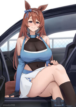 animal_ears black_leotard black_socks blue_eyes blue_gloves bow braid breasts brown_hair car car_door car_interior crossed_legs elbow_gloves fingerless_gloves gloves highres horse_ears horse_girl horse_tail large_breasts leotard long_hair motor_vehicle multicolored_hair pleated_skirt race_queen skirt smile smodzz998 socks super_creek_(umamusume) tail thighs umamusume white_skirt