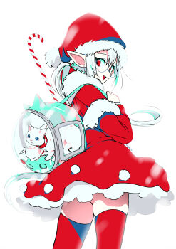 1girl :d absurdres animal bag candy candy_cane cat commentary cowboy_shot dress elf english_commentary eudetenis food from_behind grey_hair hat highres long_hair long_sleeves looking_at_viewer looking_back open_mouth original pointy_ears pom_pom_(clothes) ponytail red_dress red_eyes red_thighhighs santa_costume santa_hat short_dress simple_background smile solo standing thighhighs turning_head white_background white_cat