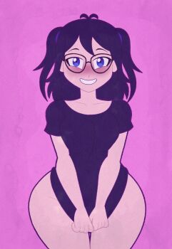 1girl blue_eyes blush bottomless breasts collarbone commentary commission covering_crotch covering_privates english_commentary glasses highres kinggargantuas large_variant_set medium_hair no_panties no_pants open_mouth pink_background shirt short_sleeves solo teeth variant_set