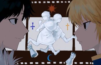 2boys black_eyes black_hair blonde_hair chess_piece chrollo_lucilfer closed_mouth crescent cross facial_mark forehead_mark full_body fur_trim highres hunter_x_hunter inverted_cross kurapika light_smile male_focus multiple_boys profile running sevenlistening short_hair standing sun
