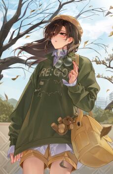 1girl animal_charm bag bag_charm bear_charm beret black_eyes blue_sky breath brown_hair brown_hat brown_shorts buttons charm_(object) cloud cloudy_sky collared_shirt commentary_request cowboy_shot day falling_leaves floating_hair green_sweater hair_between_eyes hat highres holding holding_bag holding_removed_eyewear leaf long_hair long_sleeves open_mouth oregon original outdoors print_sweater sabotensuteeki shirt shirt_peek shorts sky solo standing sweater tree unworn_eyewear white_shirt wing_collar yellow_bag