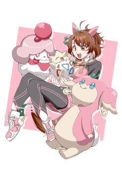1girl ahoge animal_ears audino black_leggings black_shrug blue_eyes blue_sclera blush bow breasts brown_eyes brown_hair checkered_ribbon closed_eyes closed_mouth colored_sclera dantsu_flame_(center_spotlight)_(umamusume) dantsu_flame_(umamusume) ear_covers ear_ornament ear_ribbon gen_2_pokemon gen_5_pokemon gen_6_pokemon hair_between_eyes hairband holding holding_pokemon horse_ears horse_girl horse_tail large_breasts leggings leggings_under_shorts multicolored_hair nintendo notched_ear open_mouth pink_eyes pink_hairband pink_shirt pink_shorts pokemon pokemon_(creature) shirt shoes shorts shrug_(clothing) slurpuff smile tail teeth tied_shirt togepi tongue tongue_out umamusume upper_teeth_only white_hair white_shirt yamawasabi_umai