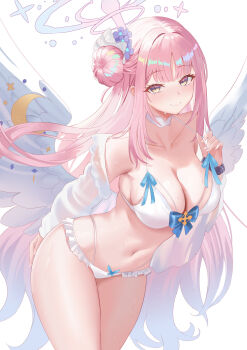 1girl angel_wings bare_shoulders bikini black_scrunchie blue_archive blue_bow blue_ribbon blush bow breasts choker cleavage closed_mouth collarbone commentary cross feathered_wings fingernails flower frilled_bikini frills hair_bun hair_flower hair_ornament hair_ribbon halo highres holding_strap large_breasts long_hair looking_at_viewer low_wings mika_(blue_archive) nail_polish navel pink_hair pink_halo print_scrunchie purple_flower ribbon rorokaede scrunchie shirt simple_background single_side_bun smile solo starry_sky_print stomach swimsuit thighs white_background white_bikini white_choker white_ribbon white_shirt white_wings wings wrist_scrunchie yellow_eyes