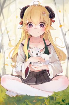 1girl absurdres ahoge alternate_costume animal baby_animal bare_shoulders black_skirt blonde_hair collarbone crop_top full_body hair_ornament hair_ribbon hairclip highres holding holding_animal hololive horns indian_style lamb long_hair long_sleeves off-shoulder_shirt off_shoulder on_grass plplpupu purple_eyes ribbon sheep sheep_horns shirt sitting skirt smile solo tsunomaki_watame virtual_youtuber white_shirt