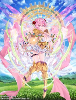 1girl ahoge angel angel_wings armor armored_boots blue_eyes blue_sky boots breasts cleavage cleavage_cutout closed_mouth clothing_cutout cloud cloudy_sky copyright_notice flower grasslands hair_flower hair_ornament head_wings highres huge_breasts long_hair michael_(z/x) official_art outdoors pink_hair shoulder_armor sky solo thigh_strap very_long_hair weisuoxin wings z/x