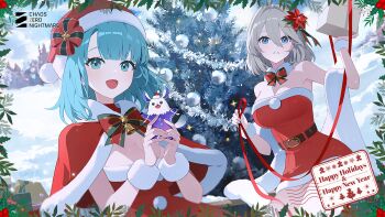 2girls artist_request bare_shoulders bell belt blue_eyes blue_hair bow bowtie box breasts capelet chaos_zero_nightmare character_request cleavage copyright_name dress fur-trimmed_capelet fur-trimmed_dress fur-trimmed_headwear fur_trim green_bow green_bowtie grey_hair happy_holidays happy_new_year hat highres holding holding_box multiple_girls new_year open_mouth pom_pom_(clothes) red_bow red_bowtie red_capelet red_dress red_ribbon ribbon santa_costume santa_dress santa_hat strapless strapless_dress two-tone_bow two-tone_bowtie