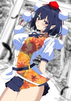 1girl arched_back arms_behind_back belt black_belt black_hair black_ribbon black_skirt blurry blurry_background breasts buttons closed_mouth collared_shirt commentary_request cowboy_shot dutch_angle hat highres kitaura_kasumi large_breasts leaf_print maple_leaf_print miniskirt neck_ribbon pleated_skirt pointy_ears puffy_short_sleeves puffy_sleeves red_eyes red_hat ribbon shameimaru_aya shirt short_hair short_sleeves skirt smile solo thighs tokin_hat touhou white_shirt