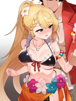 1boy 1girl absurdres bare_shoulders bikini black_bikini blonde_hair blue_eyes blue_flower blush braid braided_bangs breasts centaureissi_(girls'_frontline_2) clothed_sex commentary cum cum_on_body cum_on_legs cumdrip english_commentary flower flower_ornament frilled_bikini frills g36_(50_days_with_g36)_(girls'_frontline) g36_(girls'_frontline) girls'_frontline girls'_frontline_2:_exilium grabbing_another's_breast groping hair_flower hair_ornament half-closed_eyes hetero high_ponytail highres holding_another's_wrist jewelry lapels large_breasts long_hair looking_back maid maid_bikini motion_lines nabiyan navel necklace nose_blush open_clothes open_shirt orange_sarong parted_lips pink_flower ponytail pussy_juice raised_inner_eyebrows red_shirt sarong sex sex_from_behind shirt standing standing_sex stomach stomach_bulge sweat swimsuit twitching unconventional_maid very_long_hair white_flower