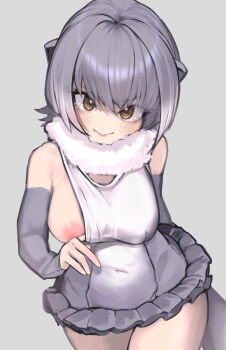 >:) 1girl a888_n22 animal_ears bare_shoulders blush breasts closed_mouth clothes_pull covered_erect_nipples covered_navel cowboy_shot elbow_gloves fingerless_gloves flashing frills fur_collar gloves grey_gloves grey_hair head_tilt highres kemono_friends looking_at_viewer medium_breasts medium_hair multicolored_hair nipples one-piece_swimsuit one-piece_swimsuit_pull one_breast_out otter_ears otter_girl otter_tail pulling_own_clothes small-clawed_otter_(kemono_friends) smile solo swimsuit tail teasing two-tone_hair v-shaped_eyebrows white_hair yellow_eyes