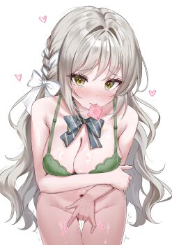 1girl \||/ absurdres arm_under_breasts armpit_crease aroused between_legs black_bow black_bowtie blue_archive blush bottomless bow bowtie bra braid breasts breasts_squeezed_together cleavage closed_mouth commentary condom condom_in_mouth cowboy_shot diagonal-striped_bow diagonal-striped_bowtie diagonal-striped_clothes eyelashes female_masturbation fingering furrowed_brow green_bra grey_hair groin hair_between_eyes hair_bow hair_intakes hair_ribbon hand_between_legs heart highres large_breasts leaning_forward long_hair looking_at_viewer masturbation miyo_(blue_archive) mouth_hold navel nose_blush presenting pussy_juice ribbon ribbon_braid side_braid sidelocks simple_background skindentation solo sound_effects stomach striped_bow striped_bowtie striped_clothes thigh_gap tsurime twitching underwear underwear_only very_long_hair wavy_hair wfa5051 white_background white_bow white_ribbon yellow_eyes