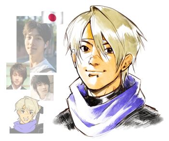 1boy aegyo_sal asian awesome_(nifast_(greentail)) headband highres japanese_flag looking_at_viewer male_focus nifast_(greentail) nose original photo-referenced photo_inset purple_scarf reference_inset scar scar_on_face scarf short_hair smile snakebite_(piercing) solo upper_body white_background yellow_headband