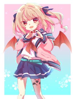 1girl :3 aqua_background aqua_belt armband belt blue_ribbon blue_sailor_collar blue_skirt blush border collar colored_inner_hair demon_wings drill_hair fang feet_out_of_frame floral_background four-finger_heart_hands gradient_background grey_hair hair_intakes hair_over_shoulder hair_ribbon hashtag-only_commentary heart heart_hands highres jacket leg_tattoo light_particles long_hair looking_at_viewer loose_belt makaino_ririmu makaino_ririmu_(4th_costume) midriff_peek miniskirt multicolored_hair navel neckerchief nijisanji off_shoulder open_clothes open_jacket open_mouth outside_border pink_background pink_hair pink_jacket pink_streaks pleated_skirt pointy_ears red_collar red_eyes red_neckerchief red_wings ribbon sailor_collar school_uniform serafuku shirt sidelocks skin_fang skirt solo standing streaked_hair tattoo two-tone_hair two_side_up uuuzunizisanz virtual_youtuber white_border white_shirt wind winged_heart winged_heart_tattoo wings