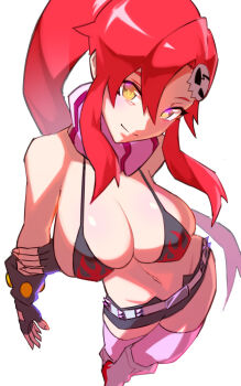 Rule 34 | 1girl, bikini, black bikini, breasts, cleavage, closed mouth, commentary request, elbow gloves, fingerless gloves, flame print, gloves, hair ornament, highres, large breasts, long hair, looking at viewer, navel, pink scarf, red hair, scarf, simple background, skull hair ornament, smile, solo, stomach, striped clothes, striped scarf, swimsuit, tengen toppa gurren lagann, ura dora, very long hair, white background, yellow eyes, yoko littner