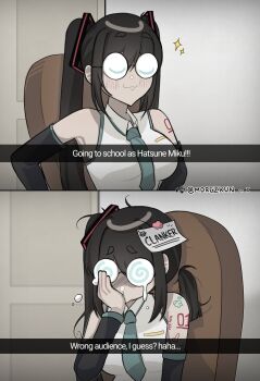 1girl :3 among_us arm_tattoo black_hair blue_necktie breasts bullying caption clanker_(meme) closed_mouth coke-bottle_glasses collared_shirt commentary cosplay crewmate_(among_us) crying derivative_work detached_sleeves diary_30:_superman_is_coming_to_school_(meme) english_commentary english_text glasses hand_on_own_face hatsune_miku hatsune_miku_(cosplay) highres large_breasts long_hair meme morgzkun necktie number_tattoo original round_eyewear sad shirt sleeveless sleeveless_shirt smile snot sparkle tattoo twintails unkempt vocaloid white_shirt