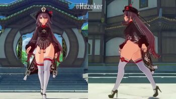 3d animated brown_hair genshin_impact hat hazeker hu_tao_(genshin_impact) long_hair long_sleeves mihoyo multiple_views tagme thick_thighs thighhighs thighs video walking wide_hips