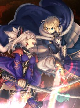 2girls ahoge armor armored_dress artoria_pendragon_(fate) asymmetrical_hair blonde_hair blue_cape blue_eyes blue_kimono blue_ribbon braid breastplate breasts bun_with_braided_base cape closed_mouth commentary_request detached_sleeves dress dual_wielding duel earrings excalibur_(fate/stay_night) fate/grand_order fate_(series) fighting fighting_stance gauntlets gloves glowing glowing_sword glowing_weapon green_eyes hair_between_eyes hair_bun highres holding holding_sword holding_weapon japanese_clothes jewelry katana kimono leaf_earrings leaf_print long_hair long_sleeves looking_at_another maple_leaf_print medium_breasts miyamoto_musashi_(fate) miyamoto_musashi_(second_ascension)_(fate) multiple_girls open_mouth pink_hair ponytail revision ribbon saber_(fate) sash shoori_(migiha) short_hair short_kimono sleeveless sleeveless_kimono sword takeuchi_takashi_(style) weapon