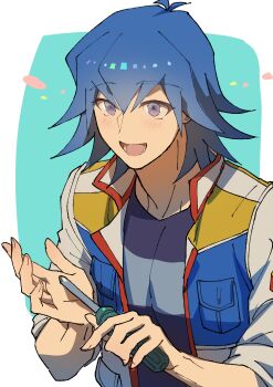 1boy absurdres blue_eyes blue_hair blue_shirt bruno_(yu-gi-oh!) green_background highres holding holding_screwdriver jacket male_focus open_mouth screwdriver shirt simple_background solo upper_body white_jacket youko-shima yu-gi-oh! yu-gi-oh!_5d&#039;s