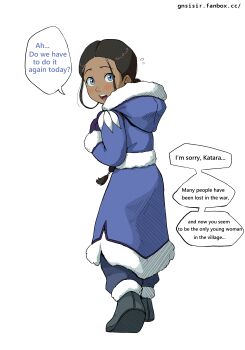 1girl absurdres avatar:_the_last_airbender avatar_legends blue_eyes blush brown_hair dark-skinned_female dark_skin gnsisir highres katara loli looking_at_viewer looking_back open_mouth simple_background speech_bubble white_background winter_clothes