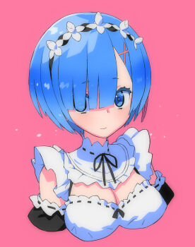 1girl black_sleeves blue_eyes blue_hair blunt_bangs breasts cleavage closed_mouth commentary_request cropped_torso detached_sleeves expressionless hair_over_one_eye highres looking_at_viewer maid medium_breasts ouma_bunshichirou pink_background re:zero_kara_hajimeru_isekai_seikatsu rem_(re:zero) roswaal_mansion_maid_uniform short_hair simple_background solo