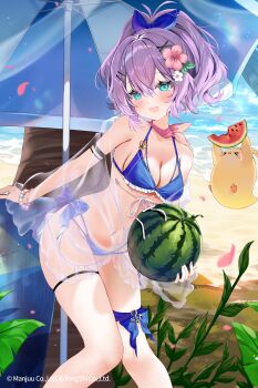 &gt;_&lt; 1girl :d azur_lane bad_source beach beach_umbrella bead_bracelet beads bikini blue_bikini blush bracelet breasts cleavage copyright_notice day dot_nose flower food food_bite fruit green_eyes hair_between_eyes hair_flower hair_ornament hibiscus highres holding holding_food holding_fruit holding_watermelon javelin_(azur_lane) jewelry knees_together_feet_apart long_hair manjuu_(azur_lane) medium_breasts navel official_art open_mouth outdoors pink_flower purple_hair smile solo swimsuit umbrella watermelon watermelon_slice