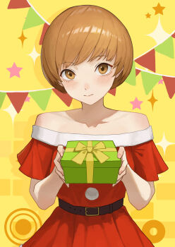1girl belt brown_eyes brown_hair commentary_request dress fur-trimmed_dress fur_trim gift highres holding looking_at_viewer merry_christmas persona persona_4 red_dress remo_reko23 santa_costume satonaka_chie short_hair solo tomboy