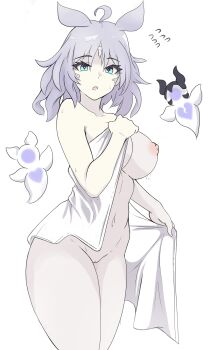 1girl :o absurdres arbiter_the_lovers_vi_(azur_lane) azur_lane blue_eyes breasts cleft_of_venus colored_skin hand_up highres hip_focus jaggi_95 large_breasts long_hair medium_hair naked_towel navel nipples pale_skin pussy siren_(azur_lane) solo star-shaped_pupils star_(symbol) staring stomach surprised symbol-shaped_pupils thighs towel towel_pull uncensored wet white_hair white_skin