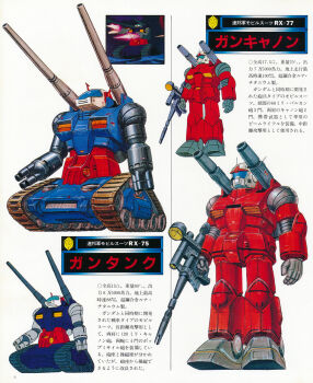 Rule 34 | 1970s (style), 1980s (style), anime screenshot inset, arm cannon, battle, beam rifle, blue visor, caterpillar tracks, character name, colored lineart, dual arm cannons, earth federation, energy gun, firing, guncannon, gundam, guntank, highres, key visual, magazine scan, mecha, mecha focus, mobile suit, mobile suit gundam, multiple persona, multiple views, no humans, official art, oldschool, ookawara kunio, painting (medium), promotional art, retro artstyle, robot, scan, scene reference, science fiction, screenshot inset, shoulder cannon, traditional media, translation request, weapon