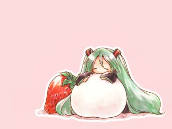 1girl a-gatha aqua_hair arm_rest bad_id bad_pixiv_id black_sleeves chibi closed_eyes facing_viewer food fruit full_body hands_up hatsune_miku in_food long_hair long_sleeves mini_person minigirl mochi negative_space no_mouth no_nose outline pink_background simple_background solo strawberry twintails vocaloid white_outline wide_sleeves